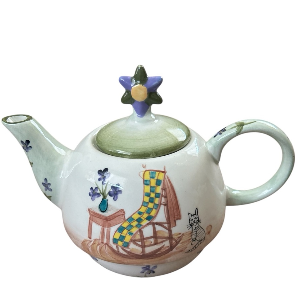 Hand-Painted Ceramic Teapot with Green Lid and Star Finial